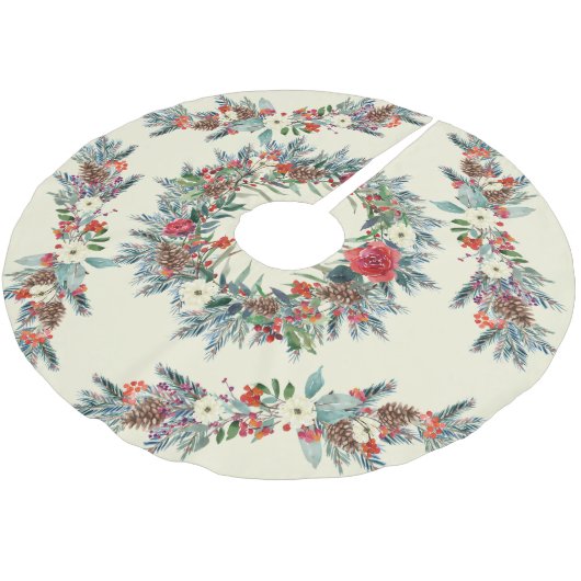 季節素朴の水色フローラクリスマスアイボリー ブラッシュドポリエステルツリースカート (アングル)