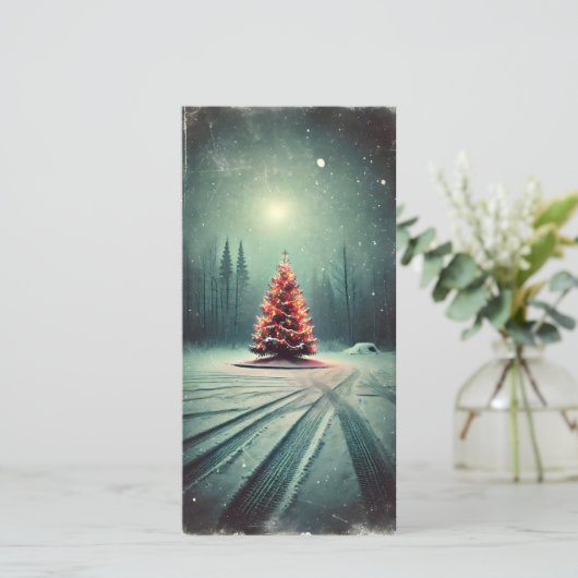 孤独な明るいクリスマスツリー暗い冬の夜 シーズンカード (スタンド正面)