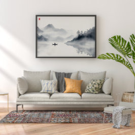 孤独な漁師禅インク洗浄壁芸術 メタルプリント