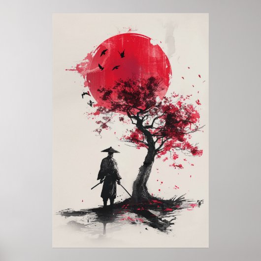 孤独の侍 – 赤い太陽 日本の墨絵芸術 ポスター (正面)