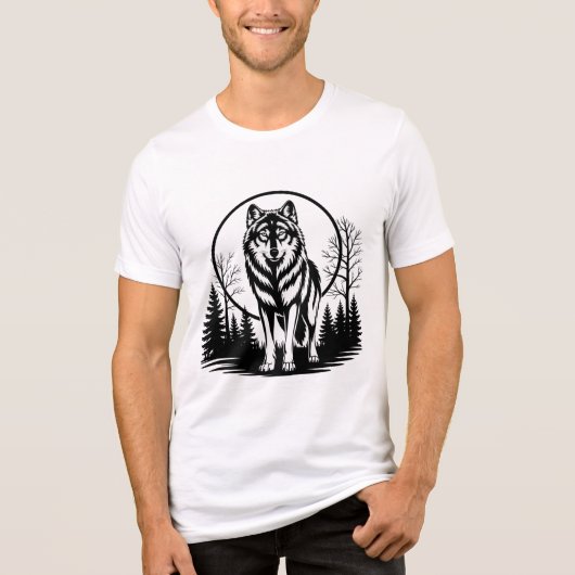 孤狼の月 ビンテージ 森 自然 木版画 トライブレンドTシャツ (正面)