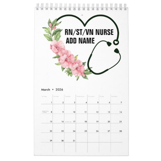 学パーソナライズされた生登録退役軍人ナース名 カレンダー (3月 2026)