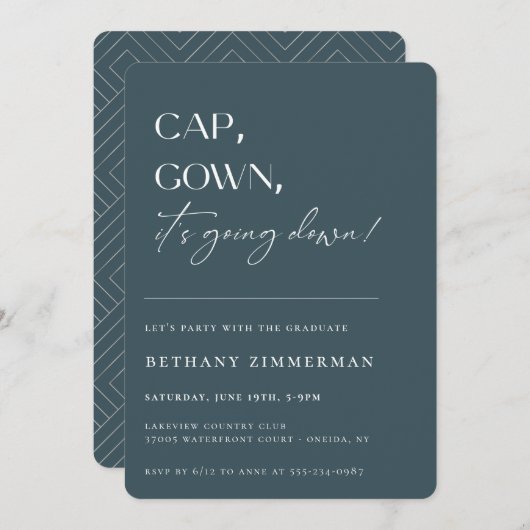 学位帽とドレスが登場！卒業パーティーのお知らせ 招待状 (正面/裏面)