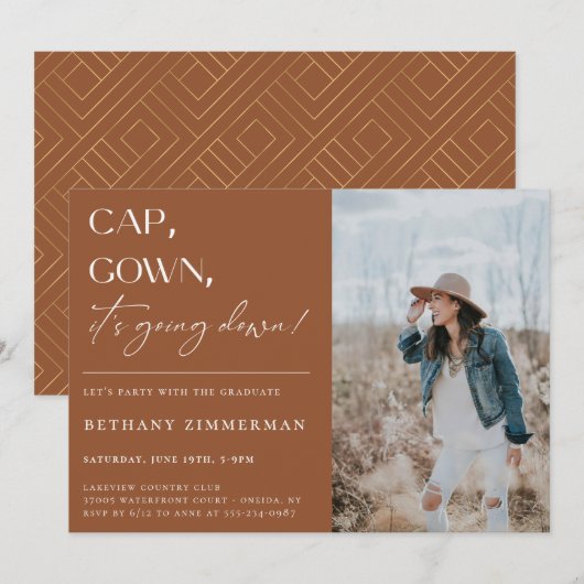 学位記とガウンのセレモニー 卒業パーティーのお知らせ 招待状 (正面/裏面)