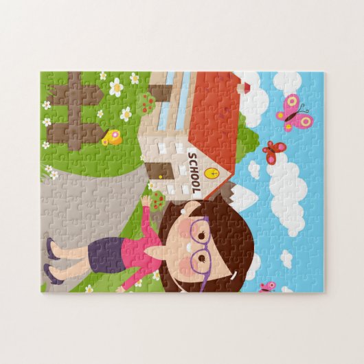 学校と先生赤屋根フラワーガーデン ジグソーパズル (横)