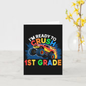 学校に帰る男子小学生の1年生初日のモンスター カード (黄色い花)