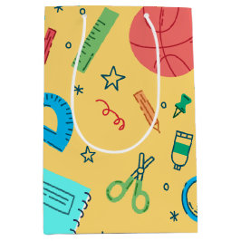 学校に戻る黄色の文具 ミディアムペーパーバッグ