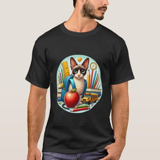 学校に戻る コーニッシュレックス 猫 男の子 女の子 学生 Tシャツ (正面)