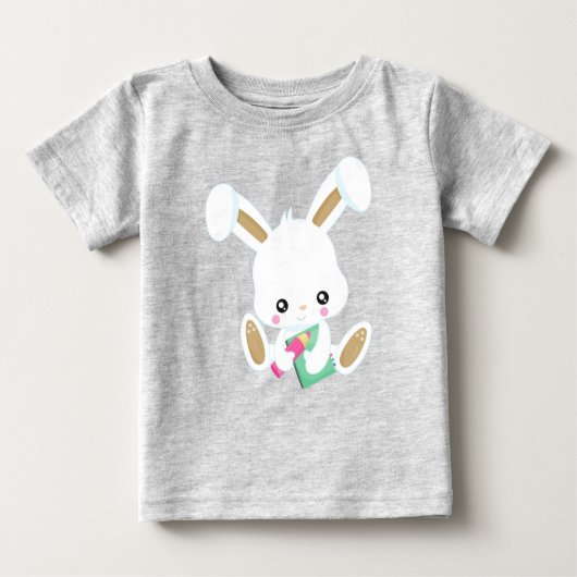 学校に行くバニー、かわいいバニー、本、鉛筆 ベビーTシャツ (正面)