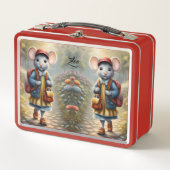 学校に行く途中の可愛いネズミの女カスタム子 メタルランチボックス (正面)