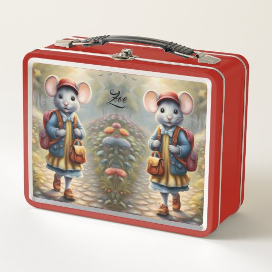 学校に行く途中の可愛いネズミの女カスタム子 メタルランチボックス (正面)