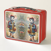 学校に行く途中の可愛いネズミの女カスタム子 メタルランチボックス (裏面)