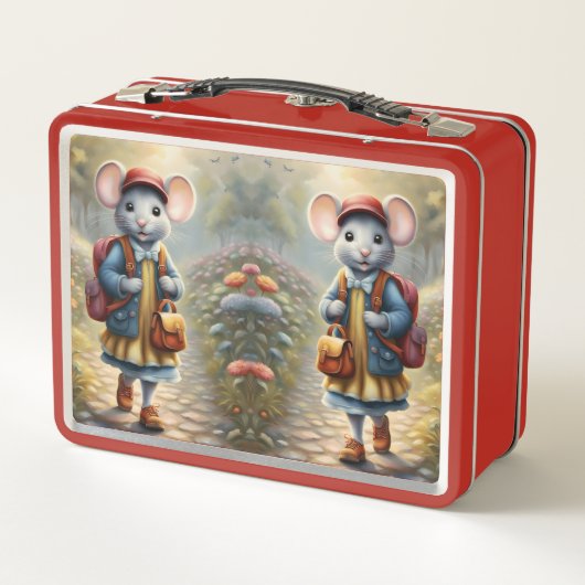 学校に行く途中の可愛いネズミの女カスタム子 メタルランチボックス (裏面)