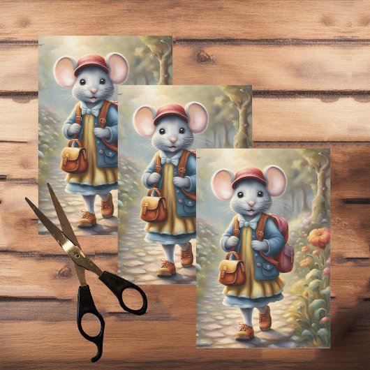 学校に行く途中の可愛いネズミの少女 薄葉紙