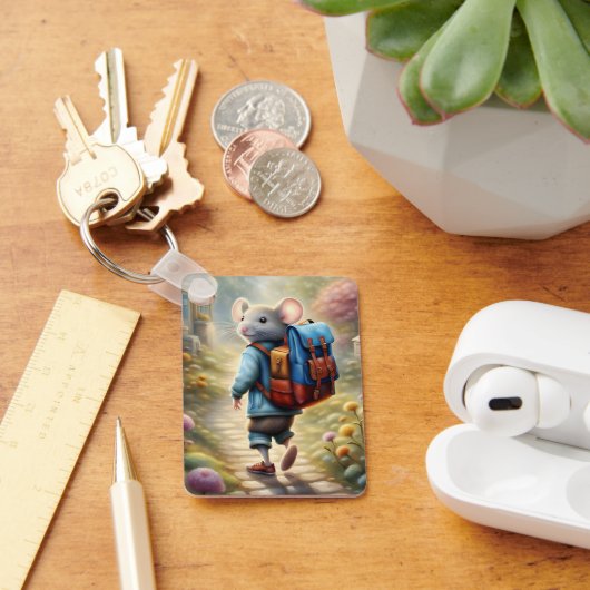学校に行く途中の可愛いネズミパーソナライズされたの少年 キーホルダー (デスク)