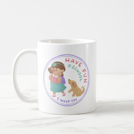 学校のおもしろいと子犬がいる コーヒーマグカップ (左)