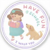 学校のおもしろいと子犬がいる シール (正面)