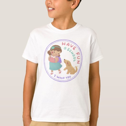 学校のおもしろいと子犬がいる Tシャツ (正面)