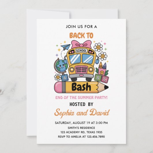 学校のバックバッシュ!夏の最初の誕生日 招待状 (正面)