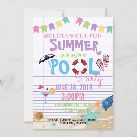学校のプールの夏の授業最終日パーティーの資金集め 招待状 (正面)