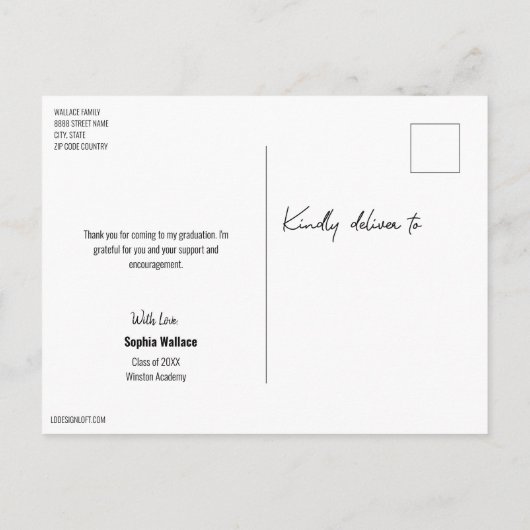 学校のモダン写真卒業ありがとう 案内ポストカード (裏面)