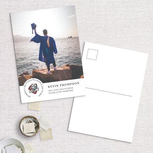 学校のロゴと写真の卒業発表 ポストカード