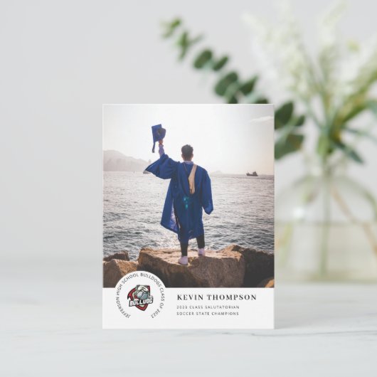 学校のロゴと写真の卒業発表 ポストカード (スタンド正面)