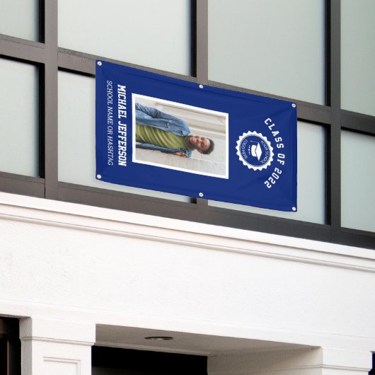 学校のロゴまたはマスコットブルーフォト卒業 横断幕 (ビルの外側)