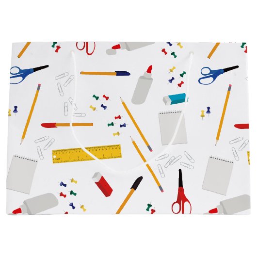 学校の事務用品パターン ラージペーパーバッグ (正面)