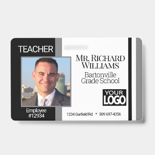 学校の写真ID – 黒、白、グレー バッジ (正面)