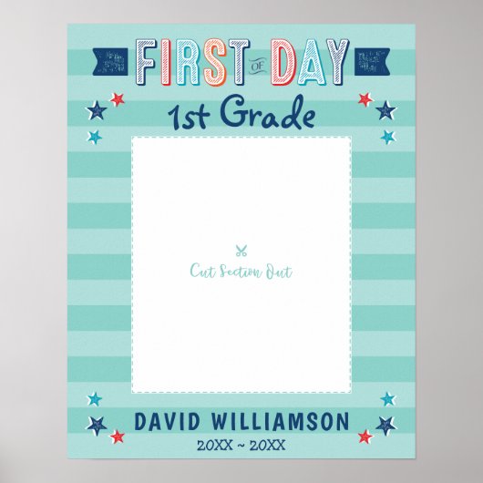 学校の初日ブルーストライプ写真フレーム切り出し ポスター (正面)
