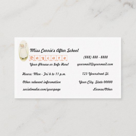 学校の名刺の後のヴィンテージの託児所 名刺 (裏面)
