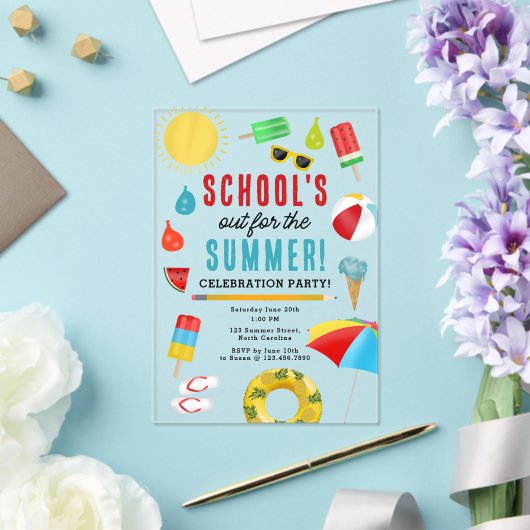学校の終わりおもしろいキッズサマープールパーティー アクリル招待状 (インサイチュ (ウェディング))