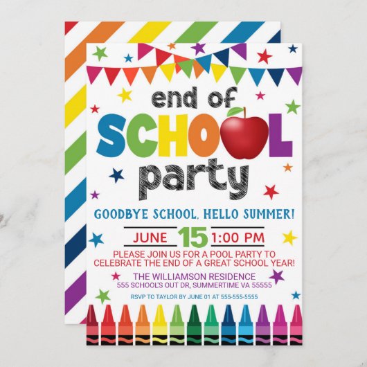 学校の終わりパーティの招待状、夏期卒業 招待状 (正面/裏面)