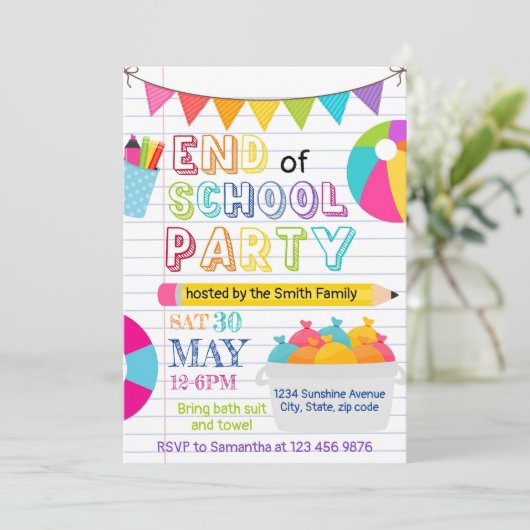 学校の終わりパーティー編集可能招待状、学校 招待状 (スタンド正面)