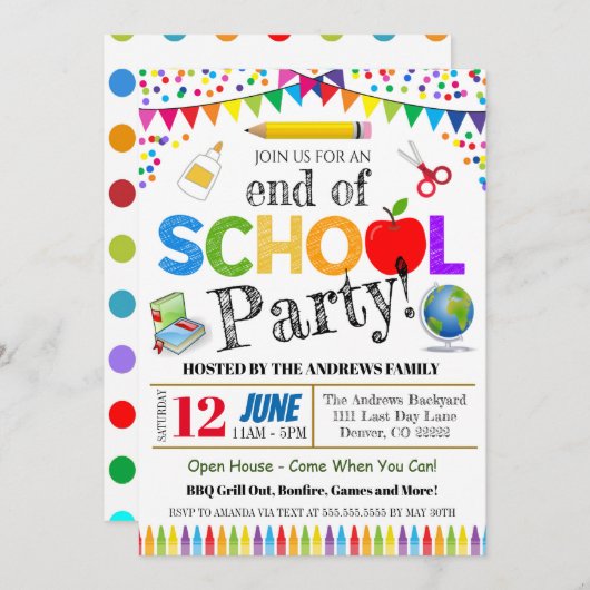 学校の終了パーティの招待状 招待状 (正面/裏面)