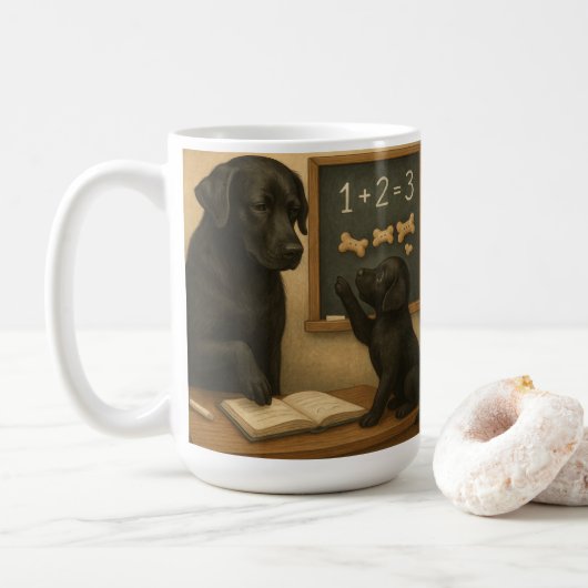 学校の黒いラブラドールと子犬 コーヒーマグカップ (ドーナツ)