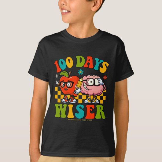 学校の100日目レトロ先生子供100日W Tシャツ (正面)