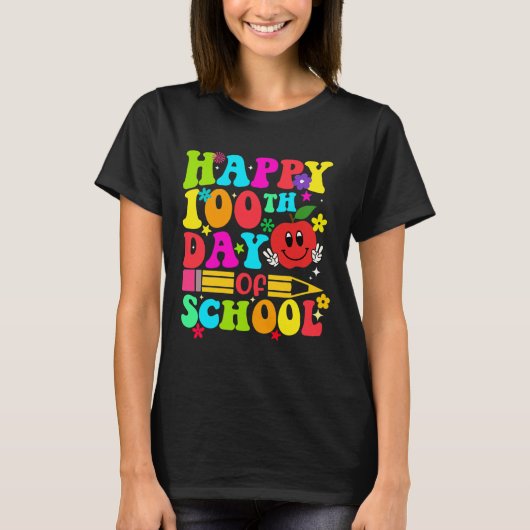 学校の100日目レトロ100日先生学生 Tシャツ (正面)