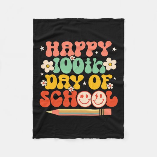 学校の100日目先生子供レトロGroovy 100 フリースブランケット (正面)