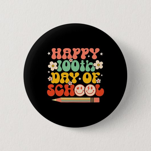 学校の100日目先生子供レトロGroovy 100 缶バッジ (正面)
