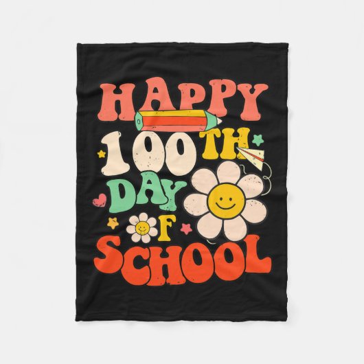学校の100日目先生子供100日レトロGr フリースブランケット (正面)