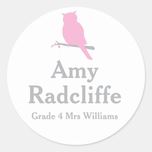 学校はあなたのグレードと名前フクロウピンクのidステッカーを追加 ラウンドシール (正面)