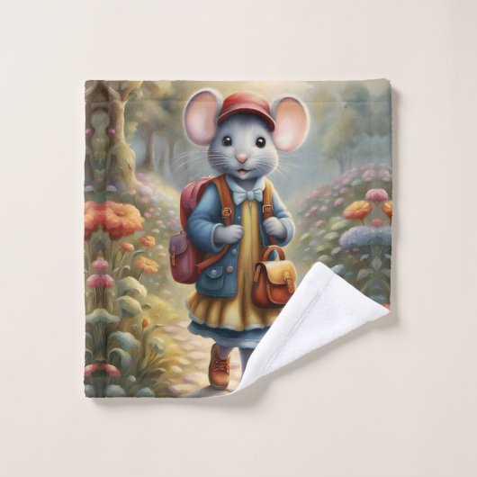 学校へ行く途中の可愛いネズミのパーソナライズされた娘 ウォッシュタオル (ウォッシュタオル)