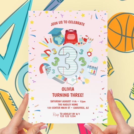 学校をテーマにしたピンクの第3の誕生日パーティー 招待状