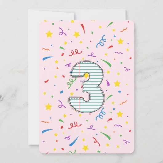 学校をテーマにしたピンクの3歳の誕生日パーティー 招待状 (裏面)