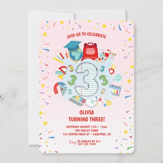 学校をテーマにしたピンクの3歳の誕生日パーティー 招待状 (正面)