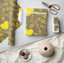 学校シームレスラッピング紙:ハートと鉛筆 ラッピングペーパー