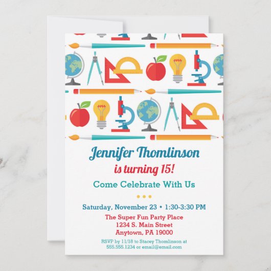 学校テーマ誕生日招待状教育先生 招待状 (正面)