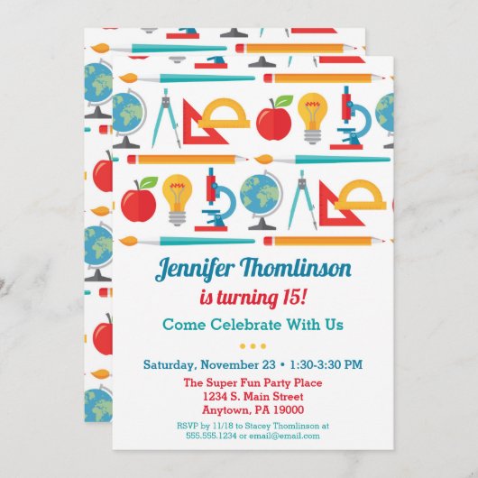 学校テーマ誕生日招待状教育先生 招待状 (正面/裏面)